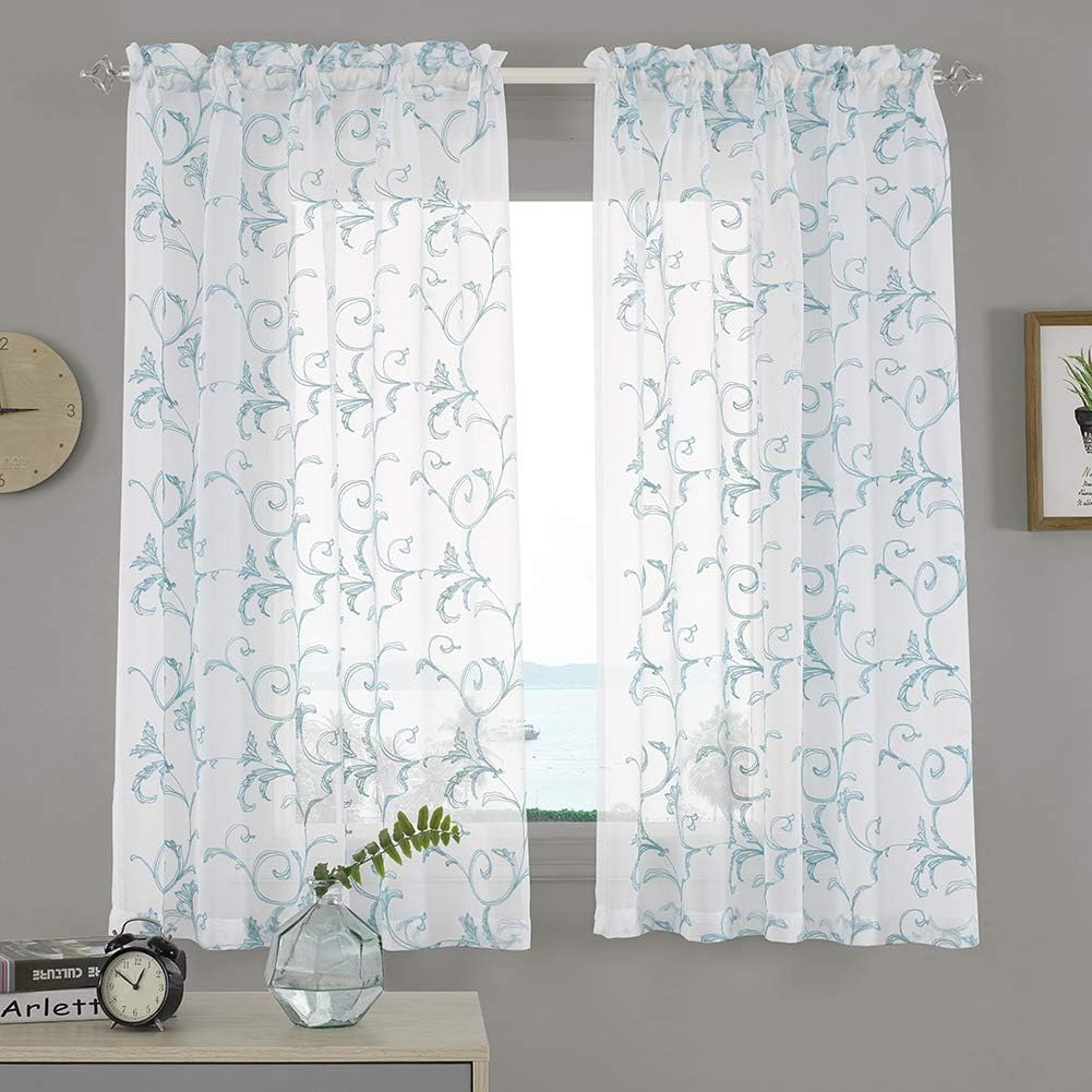 Floral Embroidery Sheer Curtains Blue 45 Inch Length, Vintage Rod Pocket Voile Drapes for Living room, Bedroom, Window Treatments Semi Crinkle Curtain Panels for Villa, Parlor, Set of 2, 52"x 45".