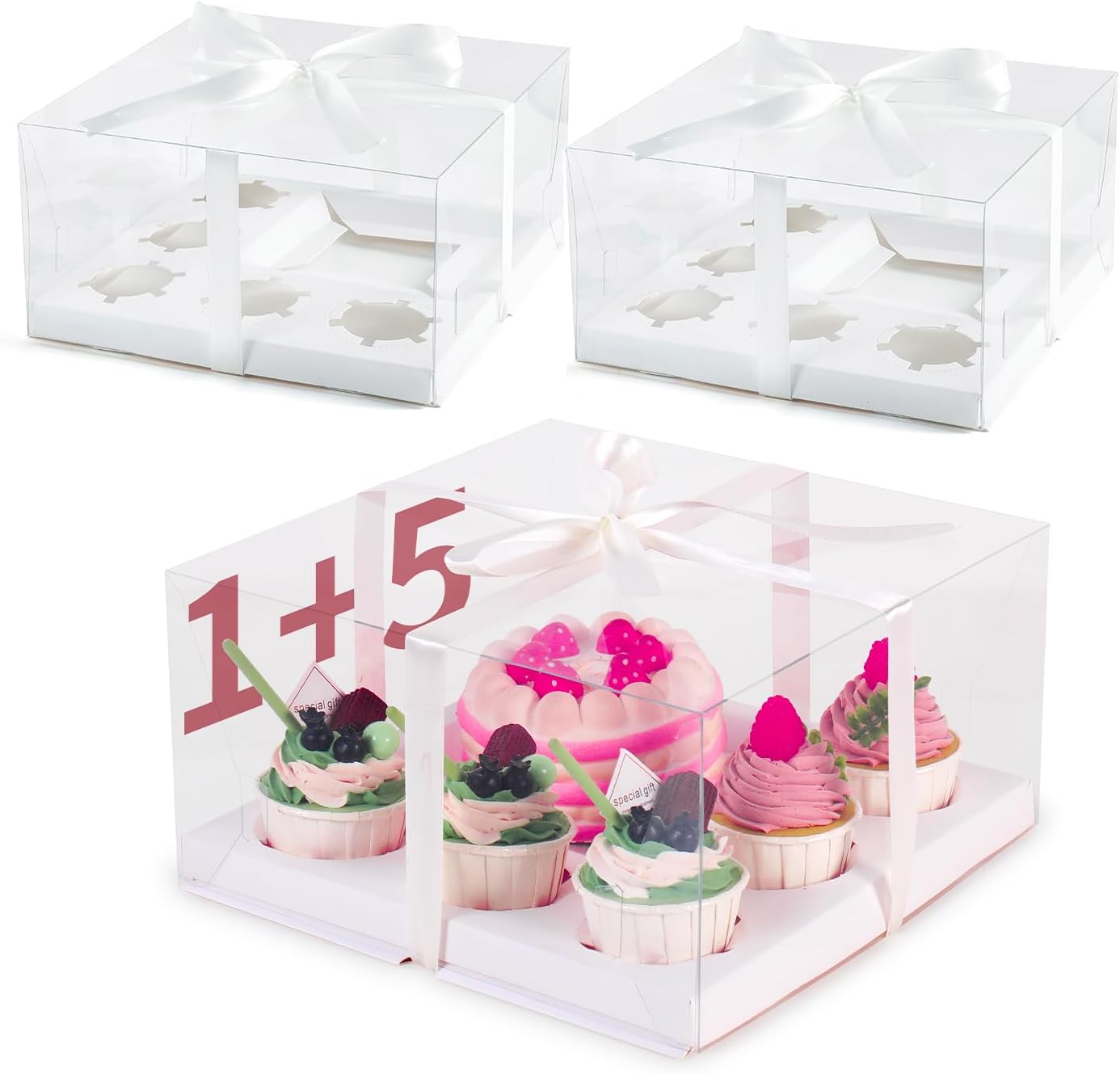 JCD 9 Packs Cake Cupcakes Combo Box 1+5 Cupcake Containers with Gift Ribbon Bento Clear Boxes (5 Cupcakes with a mini Cake) (1+5/9Pcs)