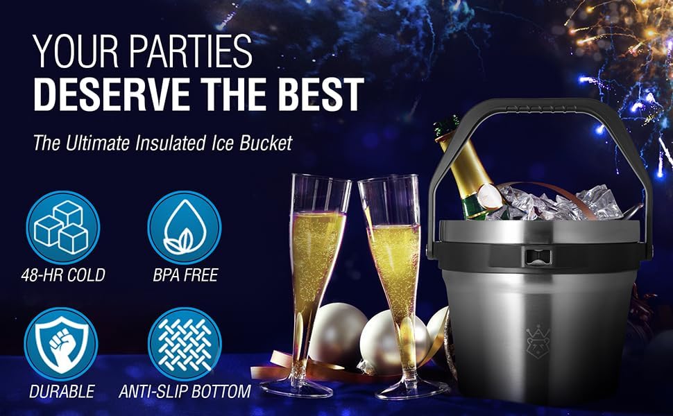 Insulated Ice Bucket with Lid & Scoop-XL Double-Walled, bar Essentials for Entertaining, Holiday Party, Stainless Steel Wine Chiller, Beverage Tub with Handle, Bottle Opener, Great Gift(Steel Black)