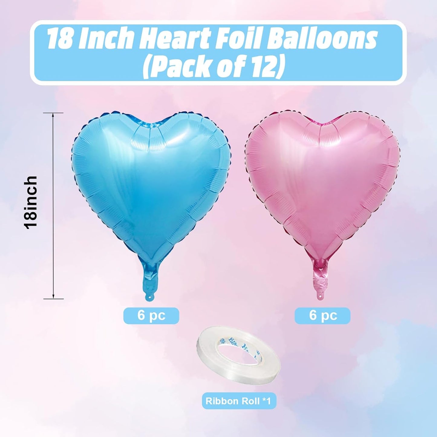Pink Blue Heart Balloons, 18 Inch Baby Pink and Blue Heart Shape Balloon, 12PCS Large Light Blue Pink Helium Foil Heart Romantic Balloon for Baby Gender Reveal Birthday Wedding Party Decorations