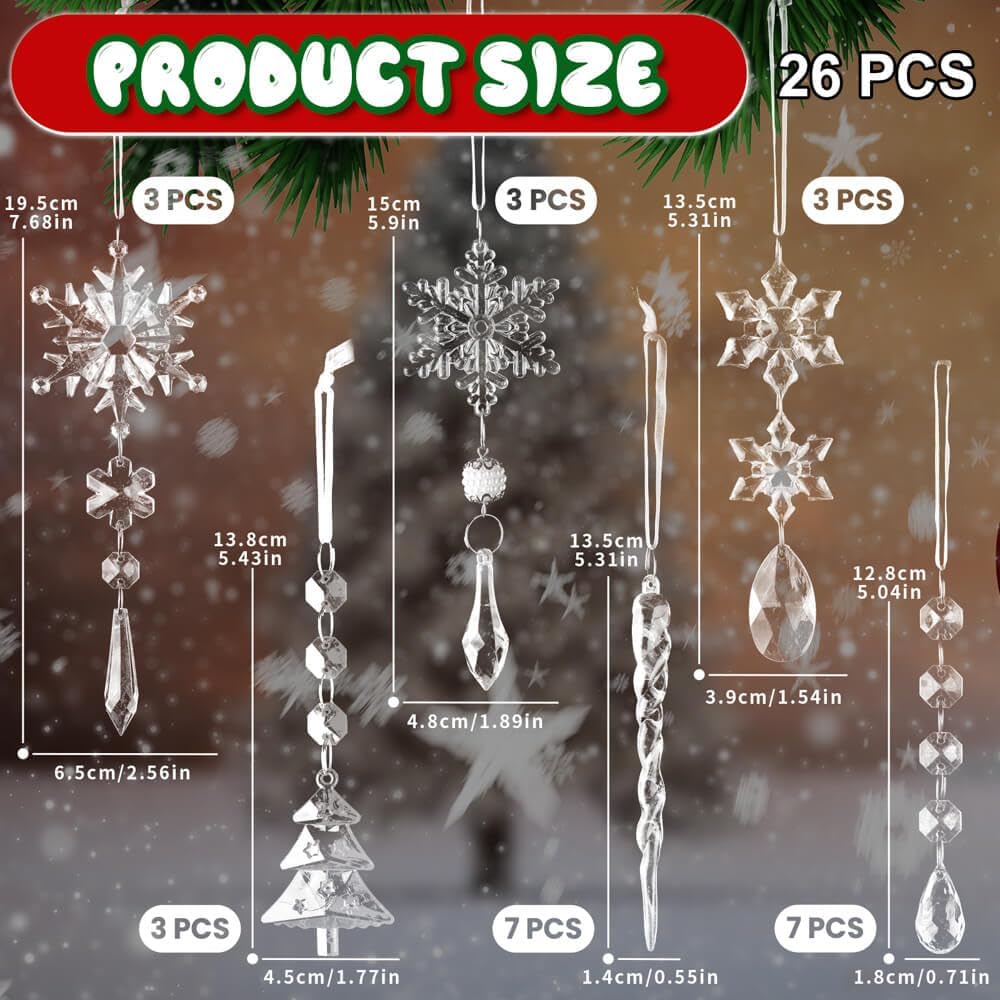 Lanpn 26PCS Christmas Ornaments Crystal Christmas Tree Decoration, Hanging Clear Acrylic Snowflake Icicle Drop Pendants for Xmas Winter Outdoor Indoor Party Decoration Transparent