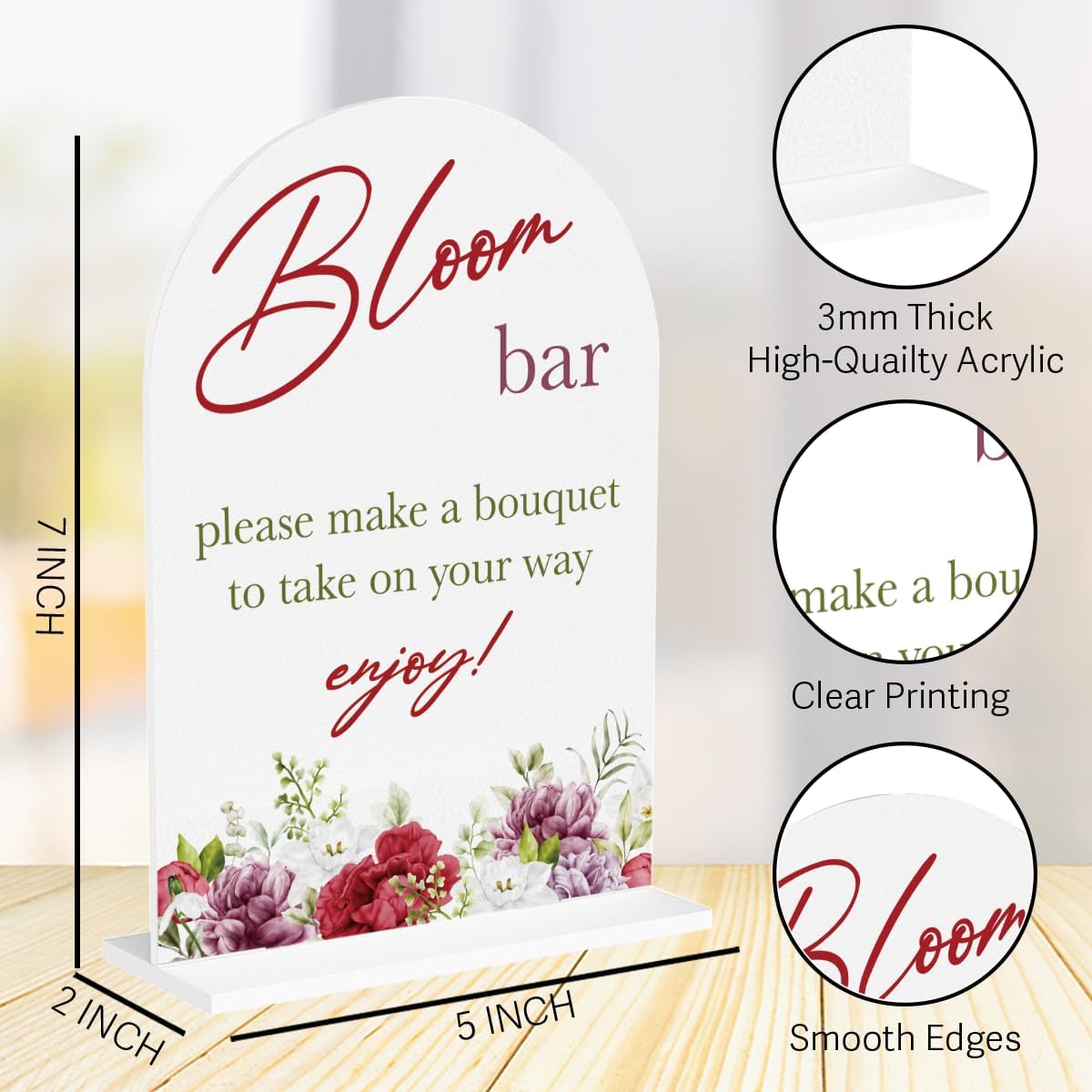 Bloom Flower Bar Sign for Wedding Bridal Shower Bouquet Bar Decor Sign Stuff Acrylic Arch Wedding Bridal Shower Baby Shower Welcome Table Signs for Ceremony and Reception 7 x 5 Inches