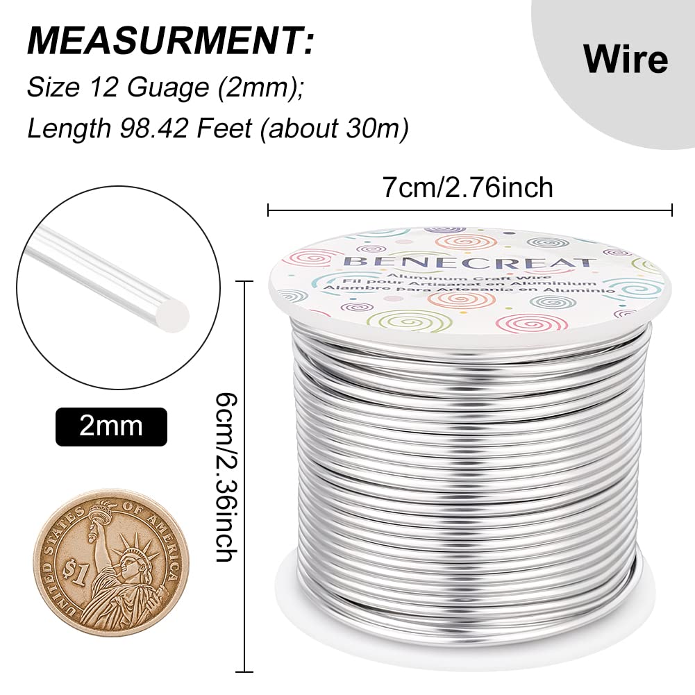 BENECREAT 12 17 18 Guage Aluminum Wire (12 Gauge,100FT) Anodized Jewelry Craft Making Beading Floral Colored Aluminum Craft Wire - Silver
