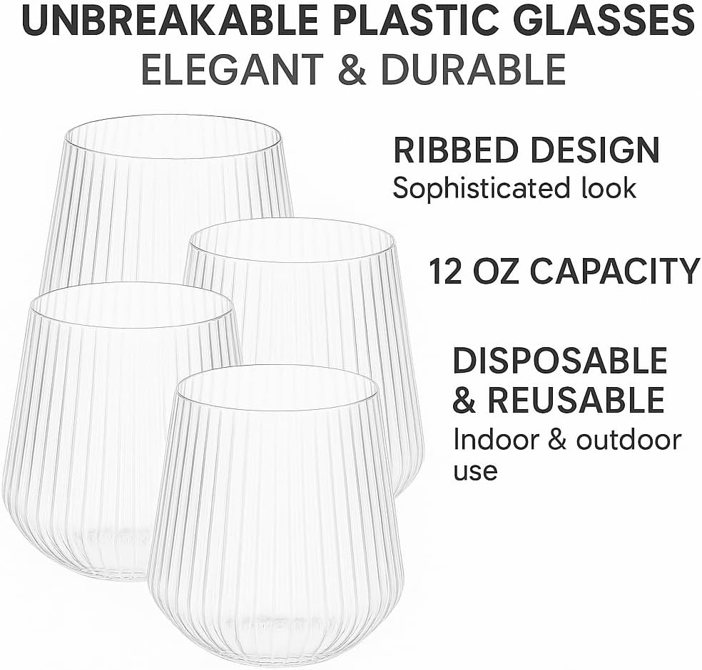 18 count origami ripple Unbreakable Stemless Plastic Wine Champagne Whiskey Glasses Elegant Durable Disposable Indoor Outdoor Ideal for Home, Office, Bars, Wedding, Ribbed 12 Ounce Cups (18, Clear)