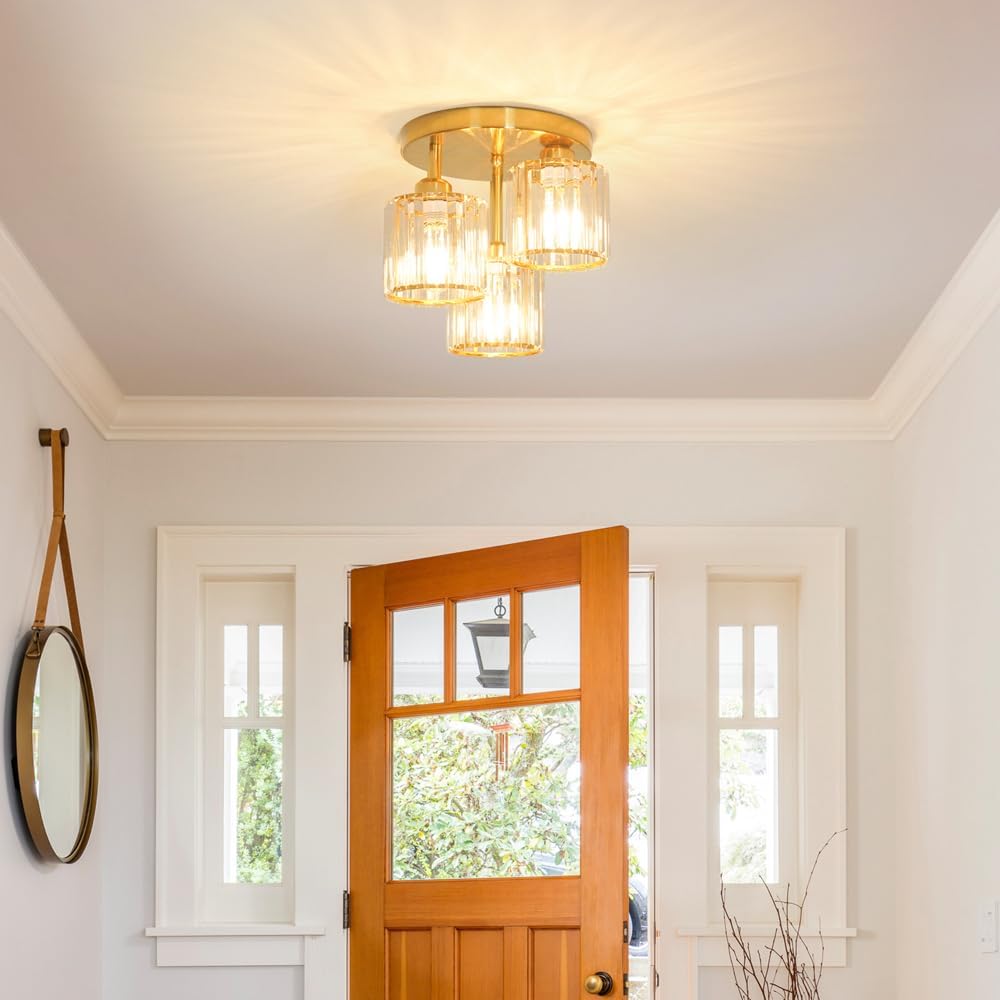 Modern Semi Flush Mount Ceiling Light, 3-Light Crystal Close to Ceiling Light Fixtures, Gold Kitchen Light Fixtures with Clear Crystal Shade, Hallway Light Fixtures for Hallway Bedroom Bathroom