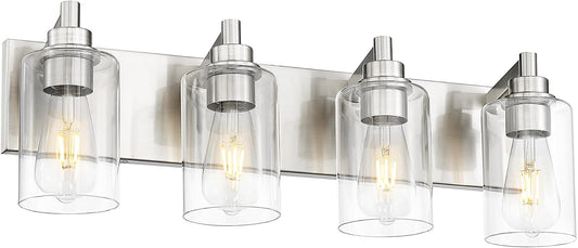 4-Light Bathroom Light Fixtures, Brushed Nickel Vanity Light with Cylinder Clear Glass Shade, Modern Vanity Lighting Fixtures Over Mirror, VL143-BN-4