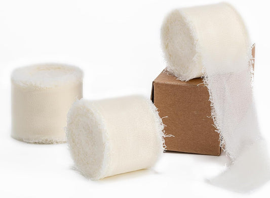 Ivory Handmade Chiffon Ribbon,1.5Inch x 3 Rolls Total 24 Yards Ivory Fringe Chiffon Silk Ribbon,for Wrapping Wedding Invitations,Bridal Bouquets,DIY Crafts,Home Decor and More