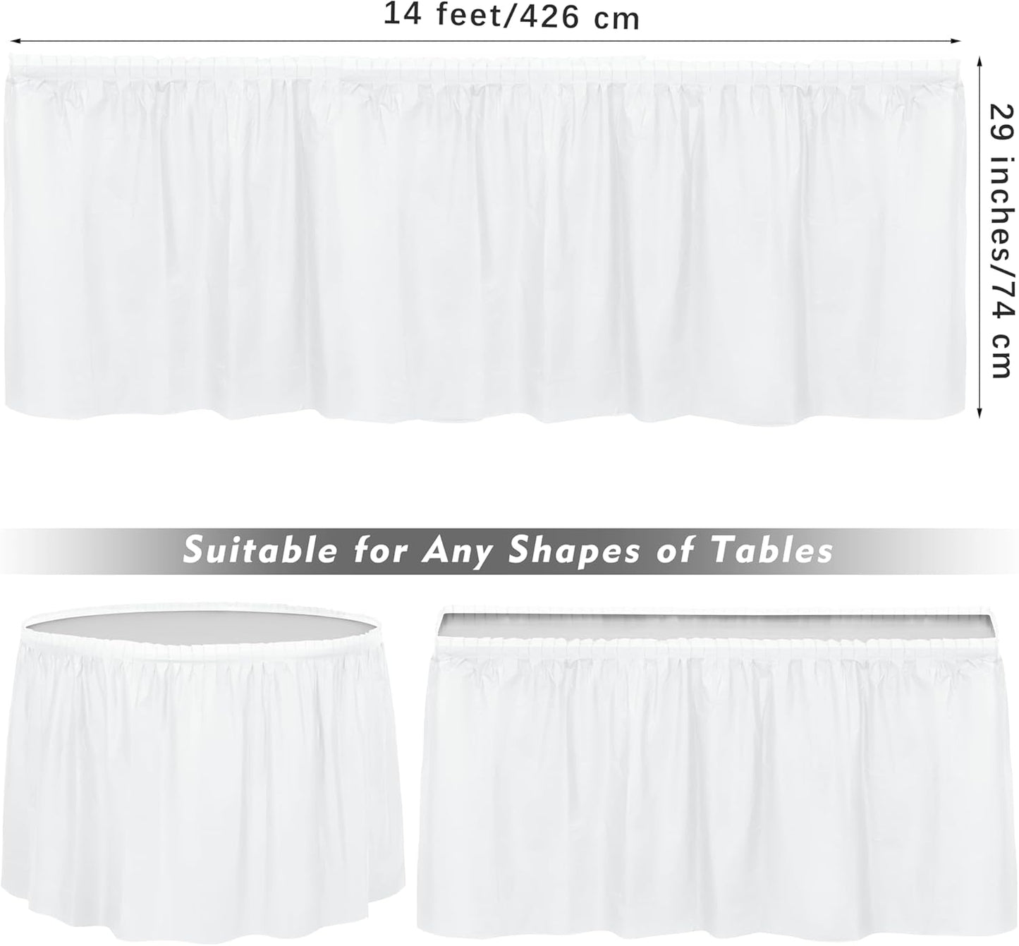 TURSTIN 6 Pieces White Plastic Table Skirts 14 Feet x 29 Inch for Rectangle Tables Fitted Tablecloth Disposable Table Cover for Birthday Party, Events, Banquette Baby Shower