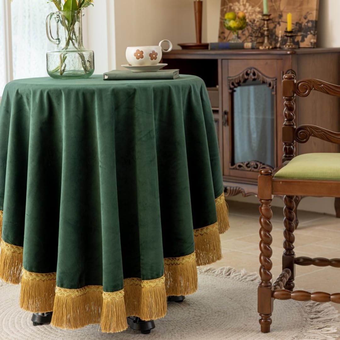 F-CHU Luxury Green Tablecloth Thickset Velvet Tablecloth with Beautiful Gold Tassels Vintage Table Cloth for Home Decor Wedding, Party, Banquet and Events 60" Round