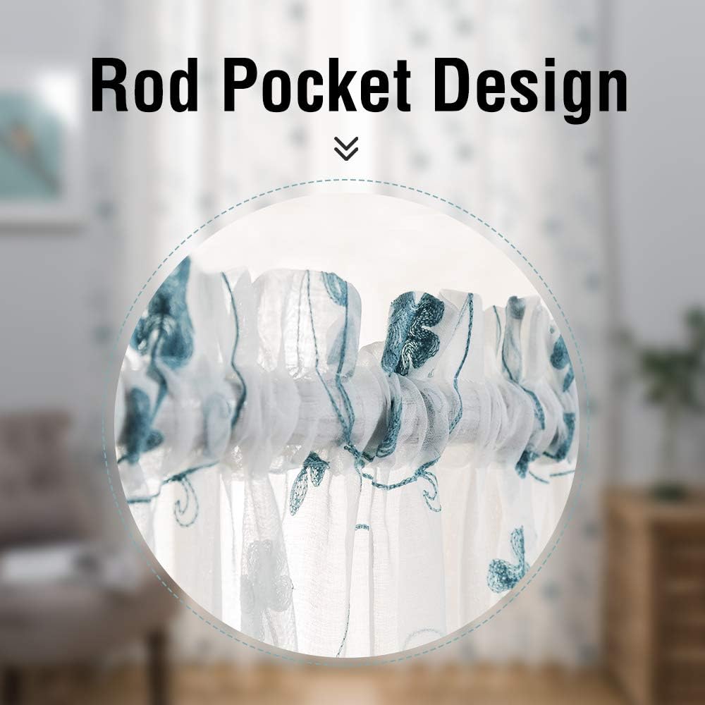 Floral Embroidery Sheer Curtains Blue 95 Inches Long, Window Treatments Rod Pocket Drapes for Living room, Bedroom, Semi Crinkle Voile Curtain Panels for Yard, Patio, Villa, Parlor, Set of 2, 52"x95".