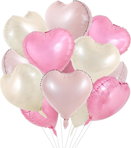 TONIFUL 15Pcs 18 Inch Heart Balloons Pastel Pink Cream White Pink Heart Shape Foil Mylar Balloons Decoration for Baby Shower Wedding Bridal Shower Anniversary Engagement Birthday Party Supplies
