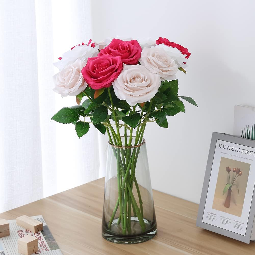 Artificial Rose 10pcs Open Flower Bouquet Faux Rose Stems for Wedding Arrangement, Bridal Bouquet, Centerpiece, Fake Faux Silk Flowers (White)