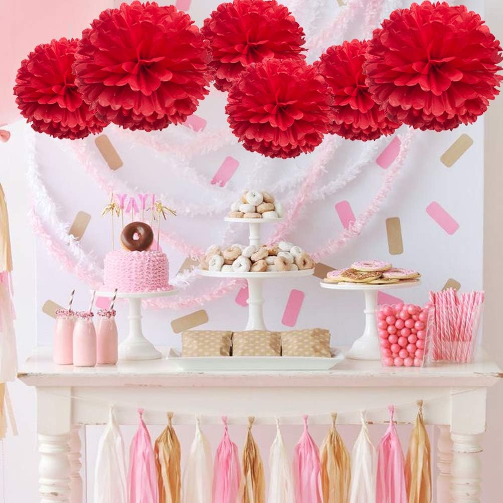 MOWO Red Paper Flower Tissue Pom Poms Party Supplies (red,12pc)