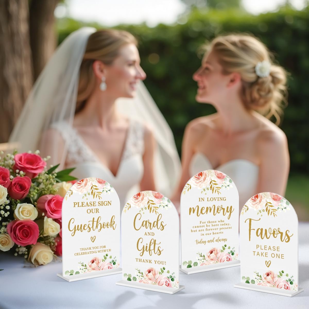 4 Pcs Acrylic Wedding Signs for Reception, Bridal Shower Decorations, Cards and Gifts Signs, Guest Book Sign, Arch Acrylic Table Top Sign with Holder for Wedding Reception (White Pink Flowers)