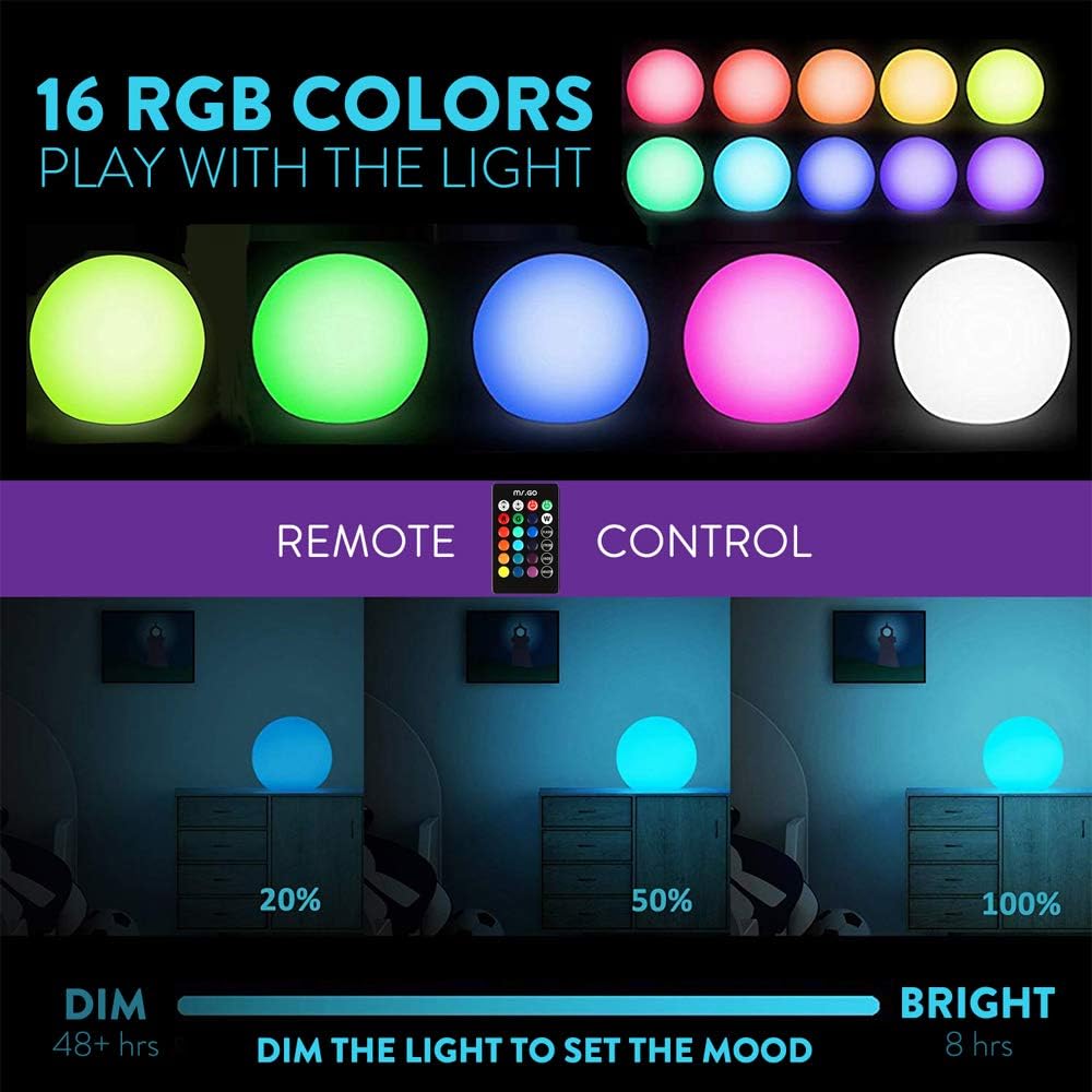 Mr.Go 8-inch Ultra-Fun LED Glowing Ball Light w/Remote, RGB Color Changing Globe Mood Lamp, 16 Colors 8 Brightness 4 Lighting Modes, Waterproof, Rechargeable & AC Adapter Power, Stunning Light Orb