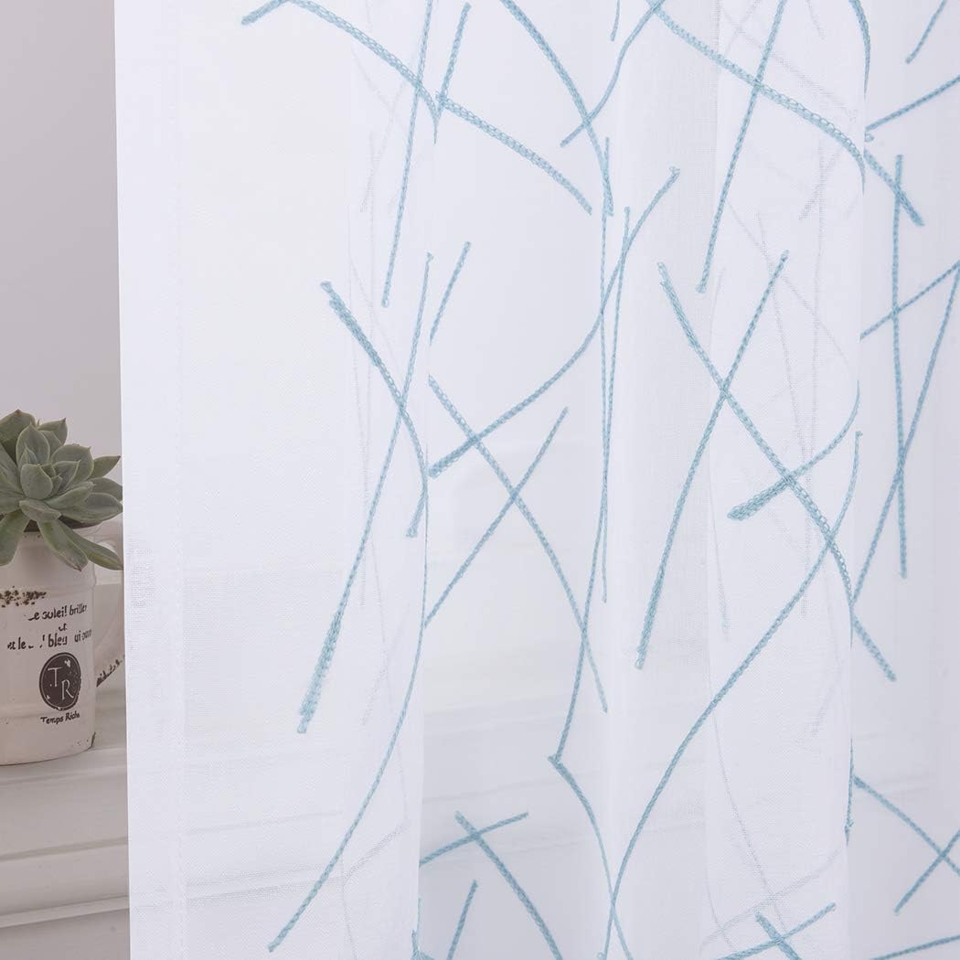 Blue Sheer Curtains 63 Inches, Rod Pocket Voile Drapes for Living room, Bedroom, Modern Embroidery Window Treatments Semi Faux Linen Curtain Panels for Yard, Patio, Parlor, Set of 2, 52"x 63".