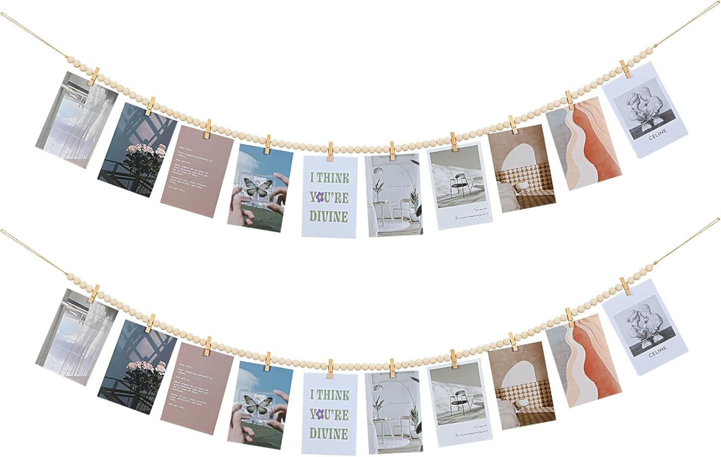2Pcs Hanging Photo Display with Clips, Boho Wooden Bead Garland Collage Picture Frame Wall Decor, Photo String with 10 Clips for Bedroom Room Dorm Cubicle Decor, Christmas Teen Girls Gifts