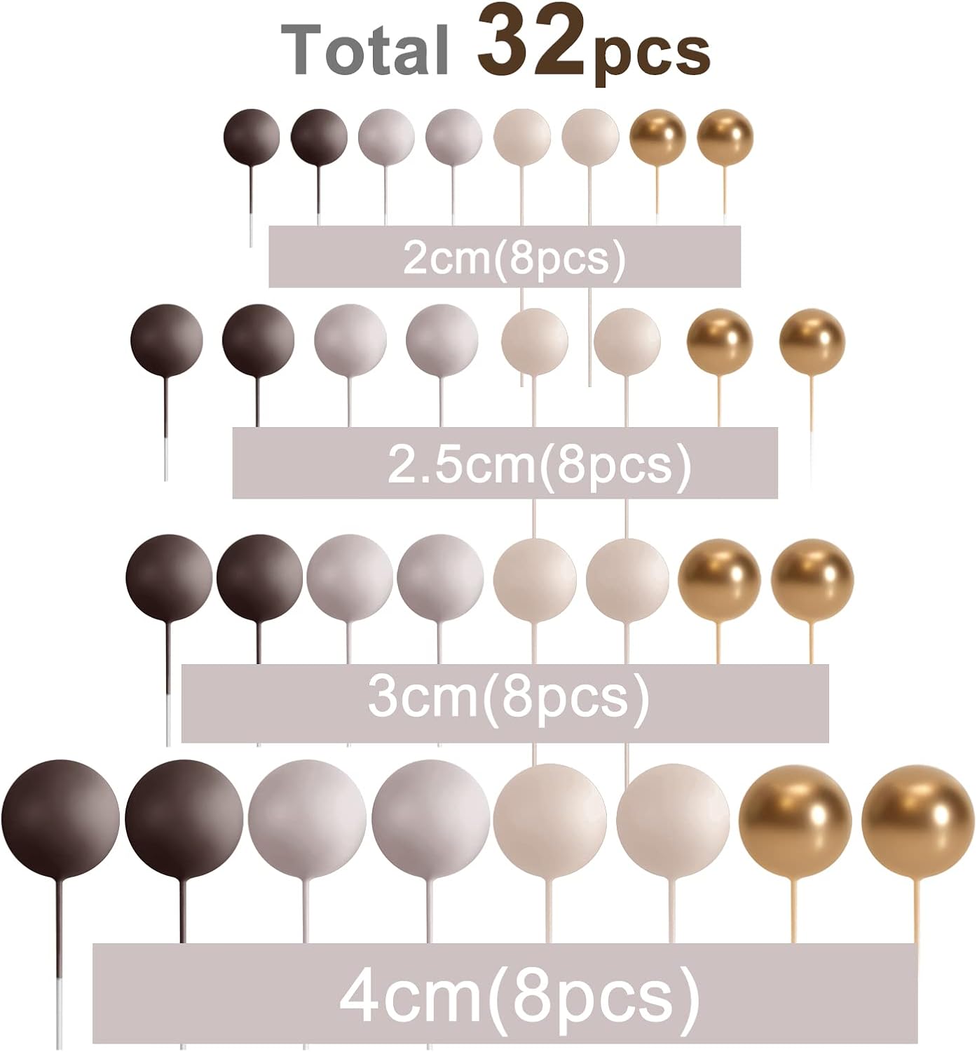 ASTARON 32 Pcs Ball Cake Topper Decorations Mini Balloons Cake Topper Sticks Foam Balls Cake Picks Cake Topper Balls Cake Decorations for Wedding Party Birthday Cake Decorating (Brown Gold)