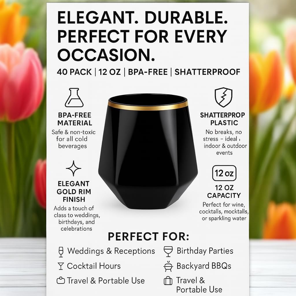 40 count Diamond Unbreakable Stemless Plastic Wine Champagne Whiskey Glasses Elegant Durable Disposable Indoor Outdoor Ideal for Home, Office, Bars, Wedding, 12 Ounce Cups (Diamond Black Matte Gold)