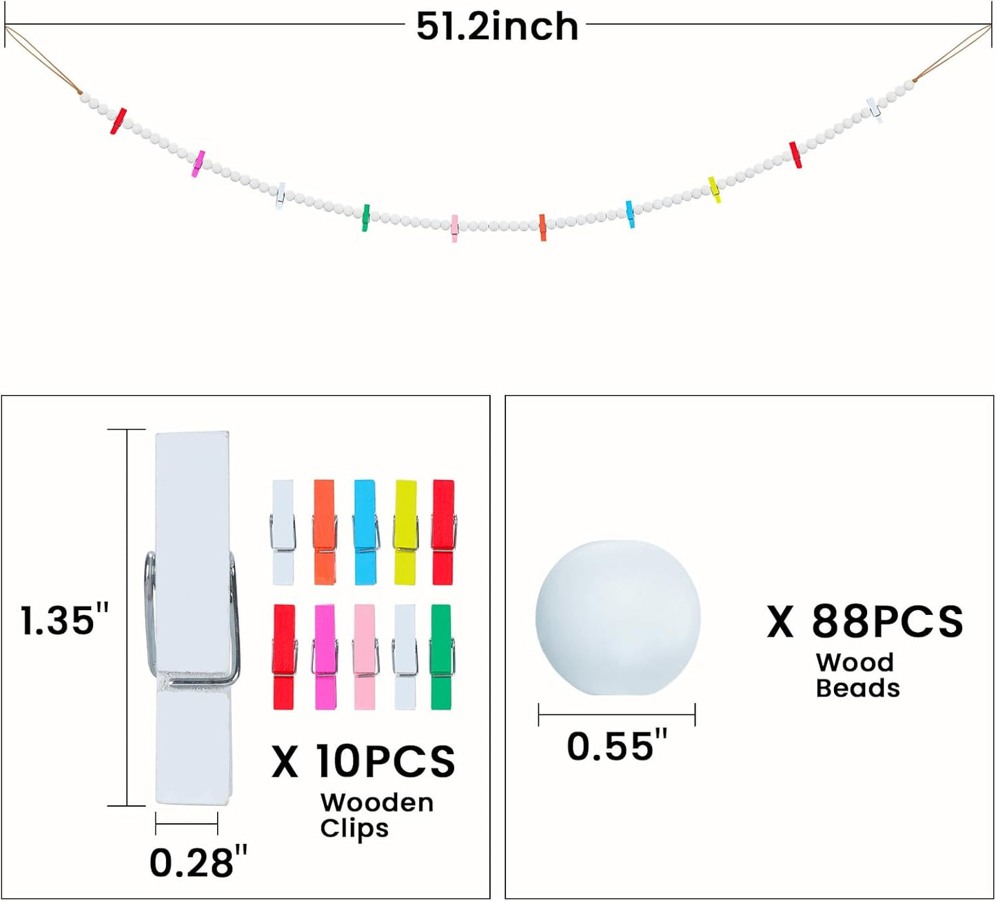 Hanging Photo Display with Clips, Boho Wooden Bead Garland Collage Picture Frame Wall Decor, Photo String with 10 Different Random Colors Wood Clips for Bedroom Room Decor, Christmas Teen Girls Gifts