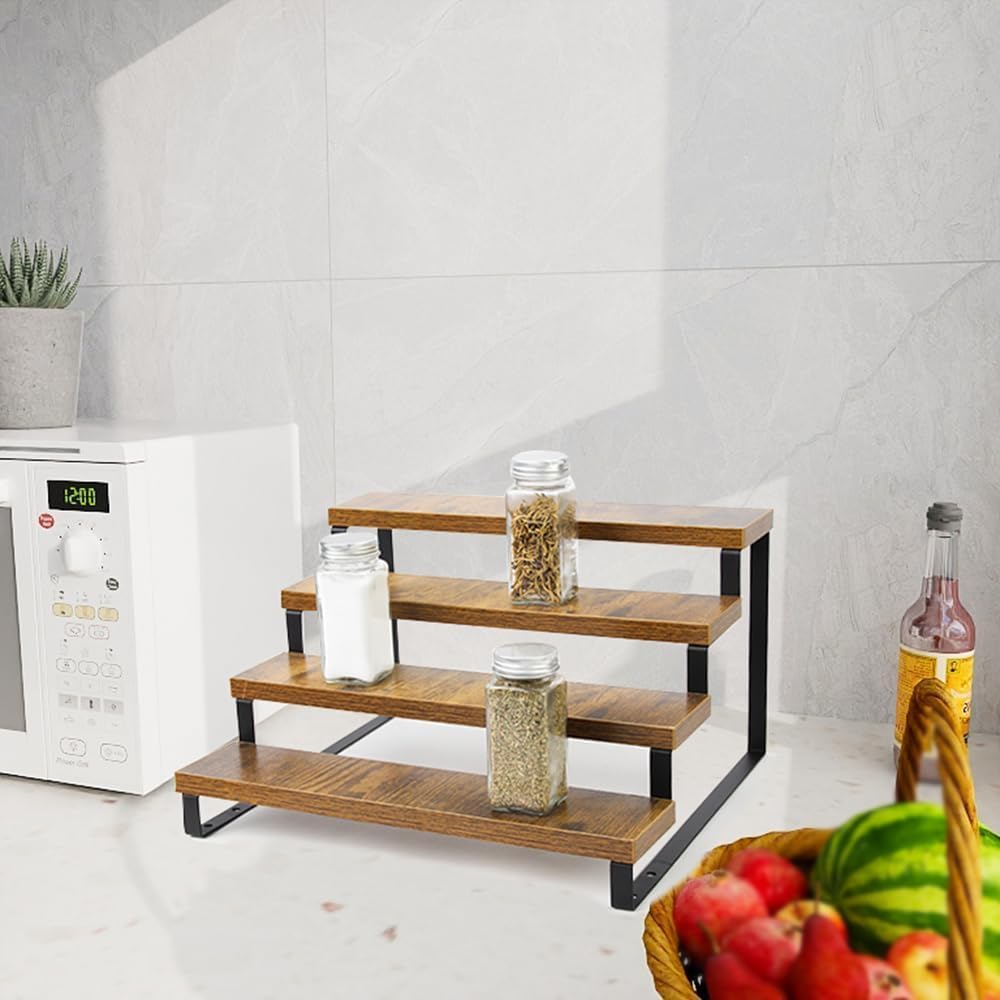 4-Tier Wooden Display Riser Shelf Stand for, Makeup, Cupcake, Condiment & Dolls Collection Home Decor Organizer, Expandable for Pantry/Counter (Brown, 4-Tier)