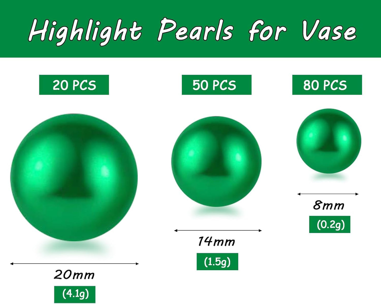 150Pcs Green Polished No Hole Faux Pearl Beads for Vase Filling Decorations, Plastic Pearls Vase Fillers, Table Scatters, Wedding Centerpiece, Home Decor, 8/14/20 mm