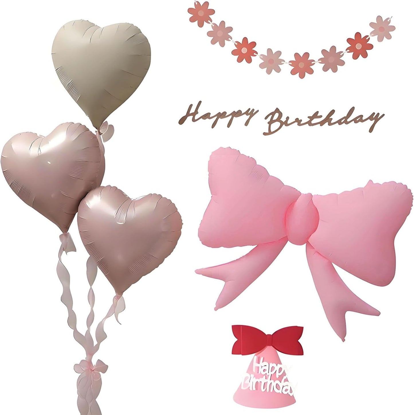 7 piece Bow Balloons Happy Birthday Bow and Heart Shaped Balloon Flowers Banner Set Decorations for Girl or Baby Shower Birthday Party Supplies