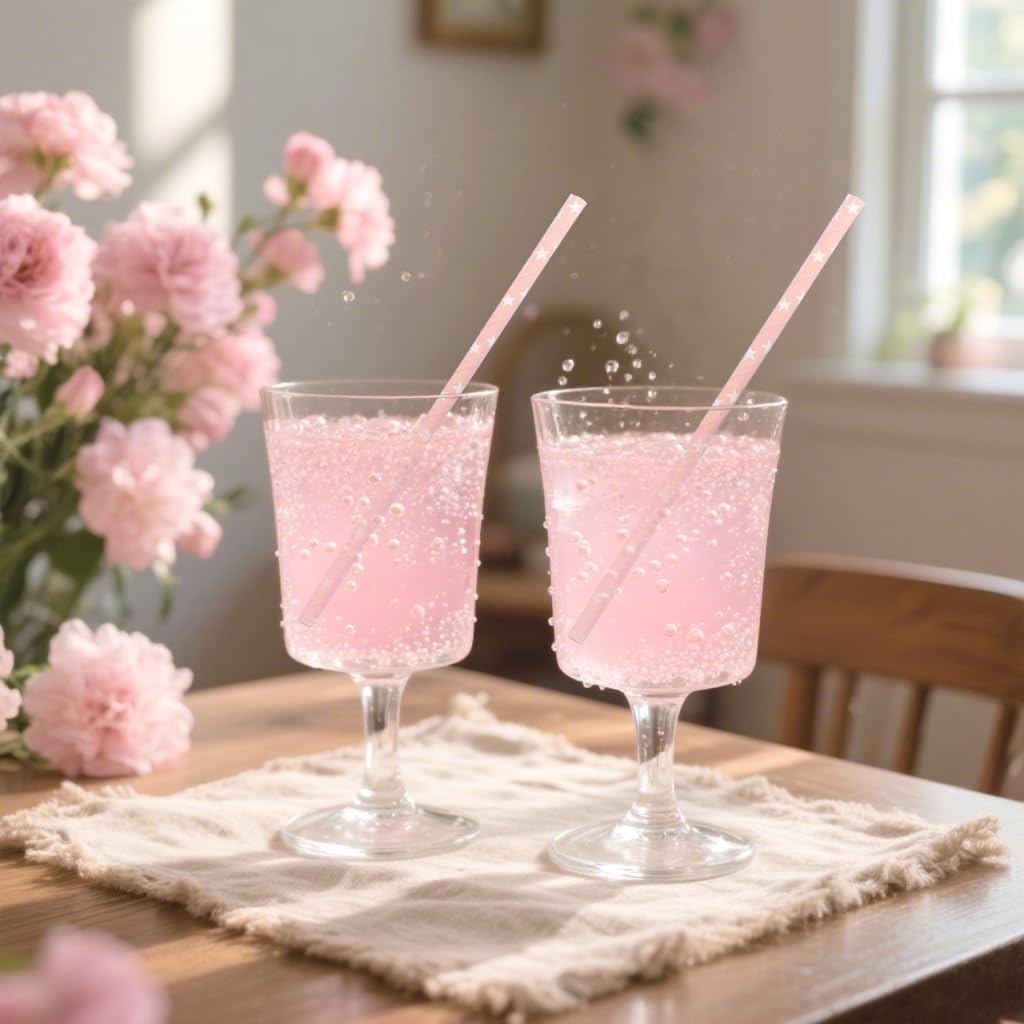 Pink Straws Disposable Biodegradable Star Paper Straws for Cocktail, Coffee, Juice, Lemonade, 100 Pack, 7.75" x 0.24"