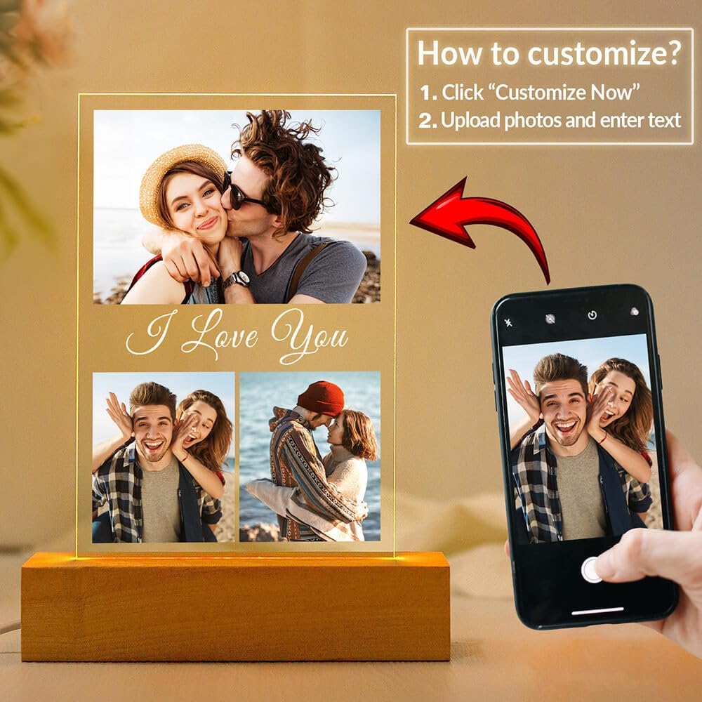 Personalized Anniversary Couple Gifts for Women & Men, Custom Picture Frames with Photo, Personalized Photo Frame with Night Light, Custom Birthday Gifts for Her Him Girlfriend Boyfriend