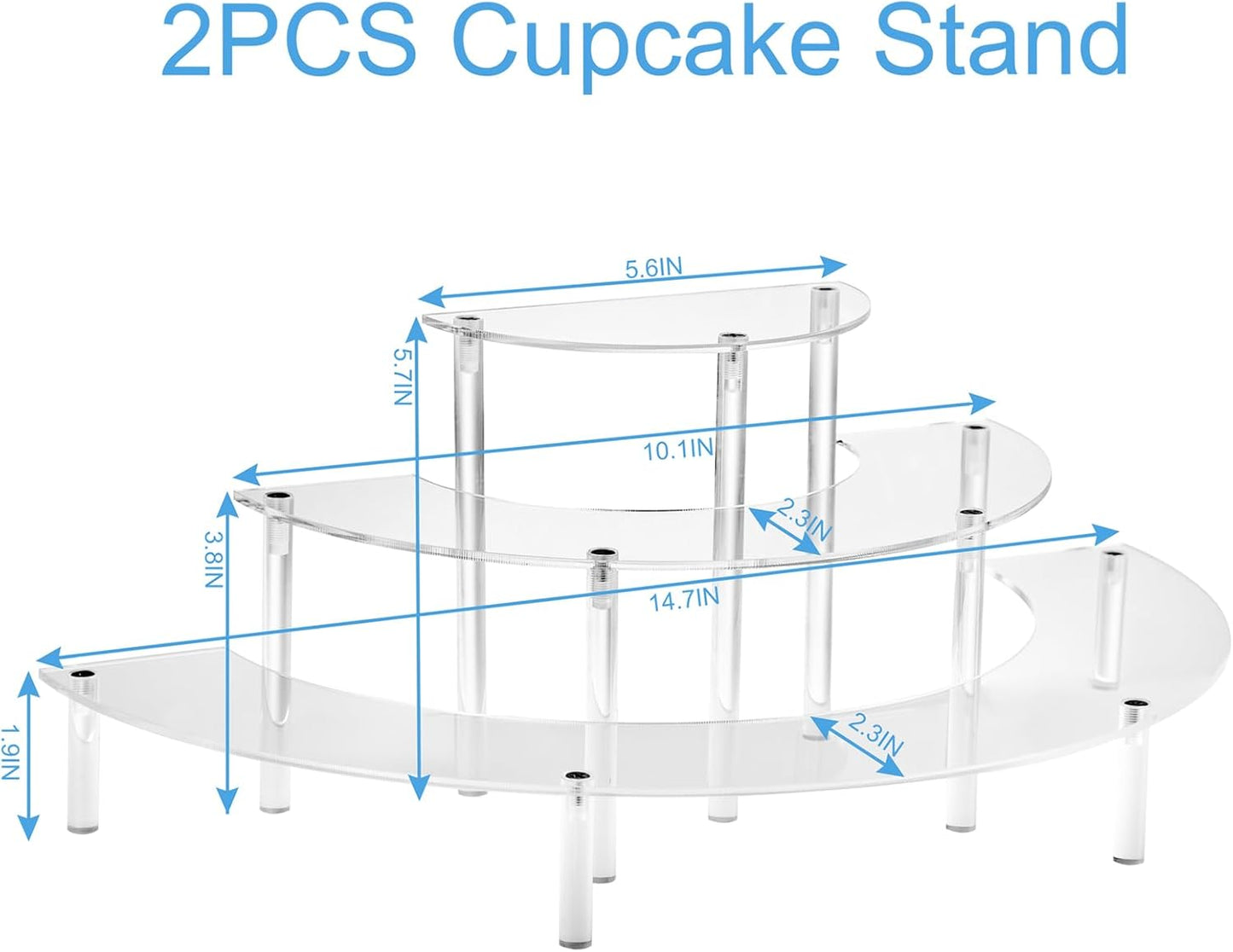 2PACKS Acrylic Display Risers, 3 Tier Clear Cupcake Stand Risers, Perfume Stand Organizer, Half Moon Dessert Stand, HENABLE Shelf Risers for Display Stands for Food, Amiibo Funko POP Figure (2half moon)