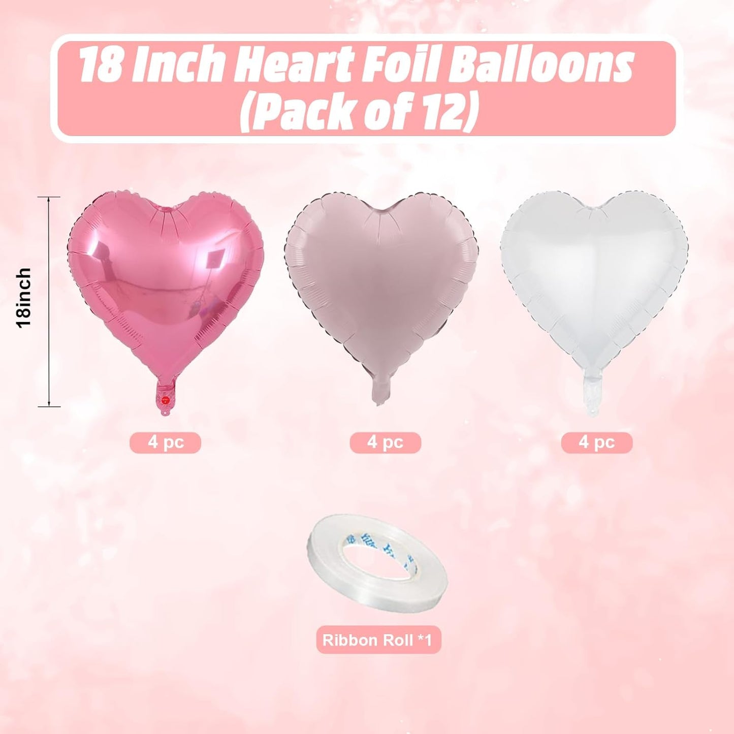 Pink White Heart Balloons, 18 Inch Baby Pink and White Heart Shape Balloon, 12PCS Helium Love Foil Balloon for Birthday Bridal Shower Engagement Wedding Valentine Party Decor