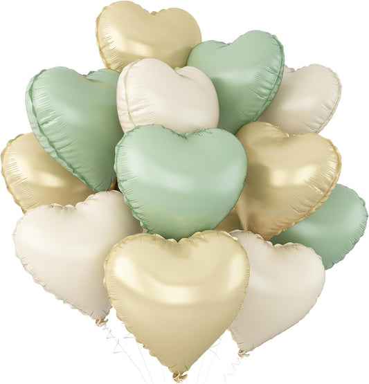 Sage Green Gold Heart Balloons,12Pcs Light Gold Heart Shaped Foil Balloons,18Inch Cream White Helium Polyester Film Balloon for Baby Shower Birthday Anniversary Wedding Party Decorations