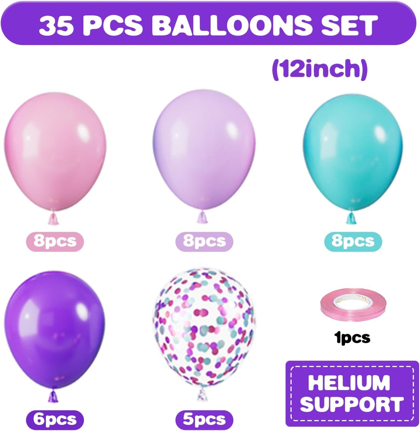 Mermaid Balloons, 12 Inch Blue Pink and Purple Balloons, Pastel Pink Latex Helium Balloons Teal Blue Purple Confetti Balloons for Girls Birthday Baby Shower Mermaid Princess Theme Decorations