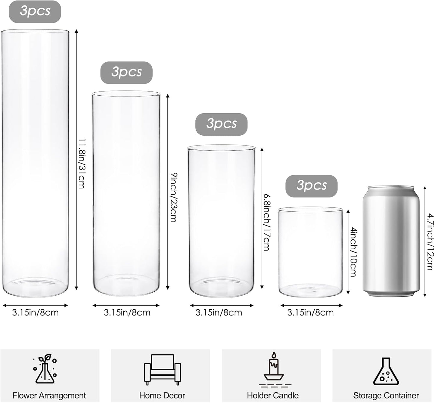 CEWOR 12pcs Glass Cylinder Vase 4, 6.8, 9, 11.8 Inch Glass Candle Holder Clear Vases for Centerpieces Tall Flower Vase for Wedding Home Decor Party 4 Different Sizes