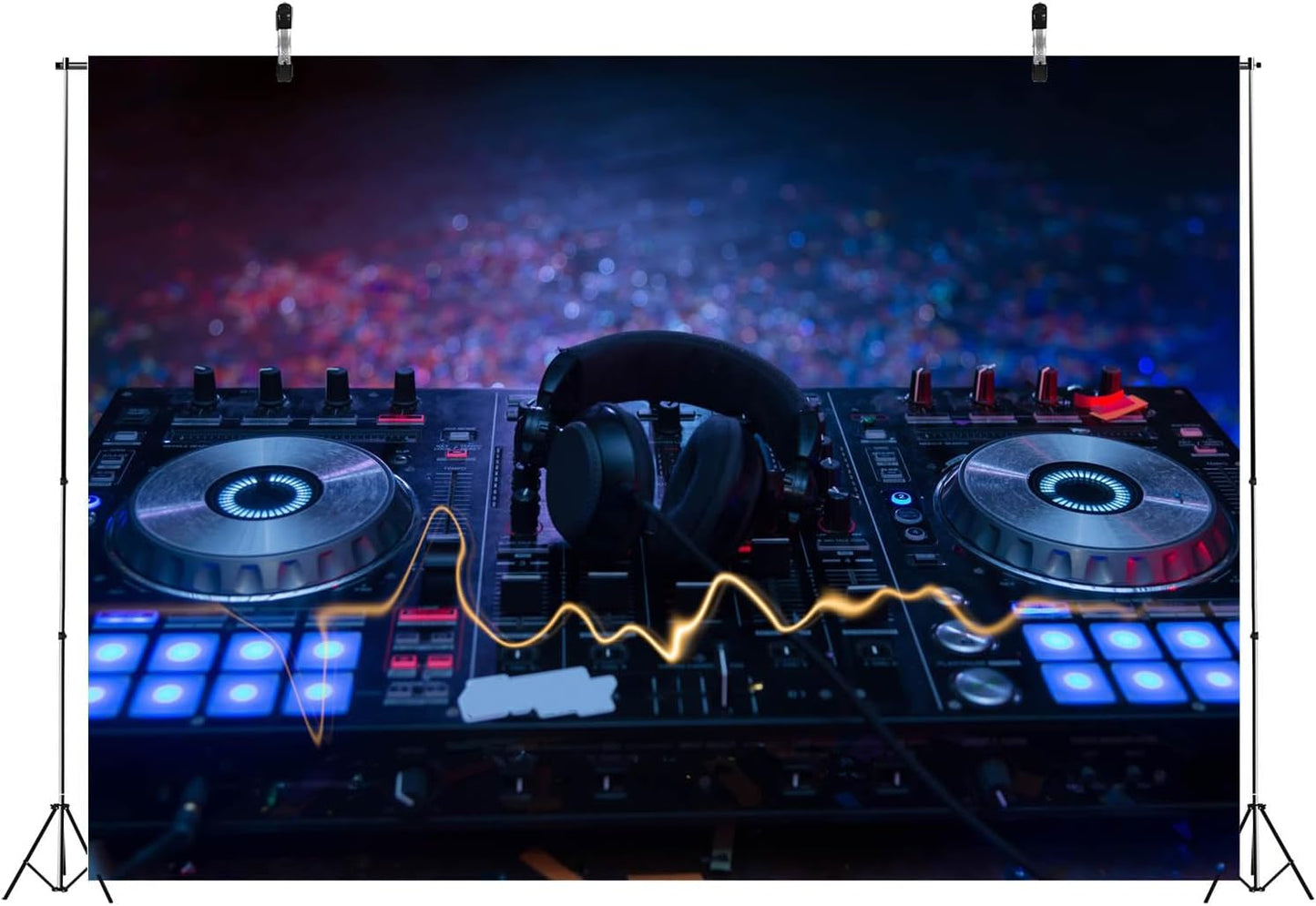 CORFOTO 15x10ft Fabric Dj Mixer with Headphones Backdrop Photography Dj Sound Equipment in Dark Background Musical Dance Disco Party Decorations Live Concert Stage Photoshoot Booth Studio Props