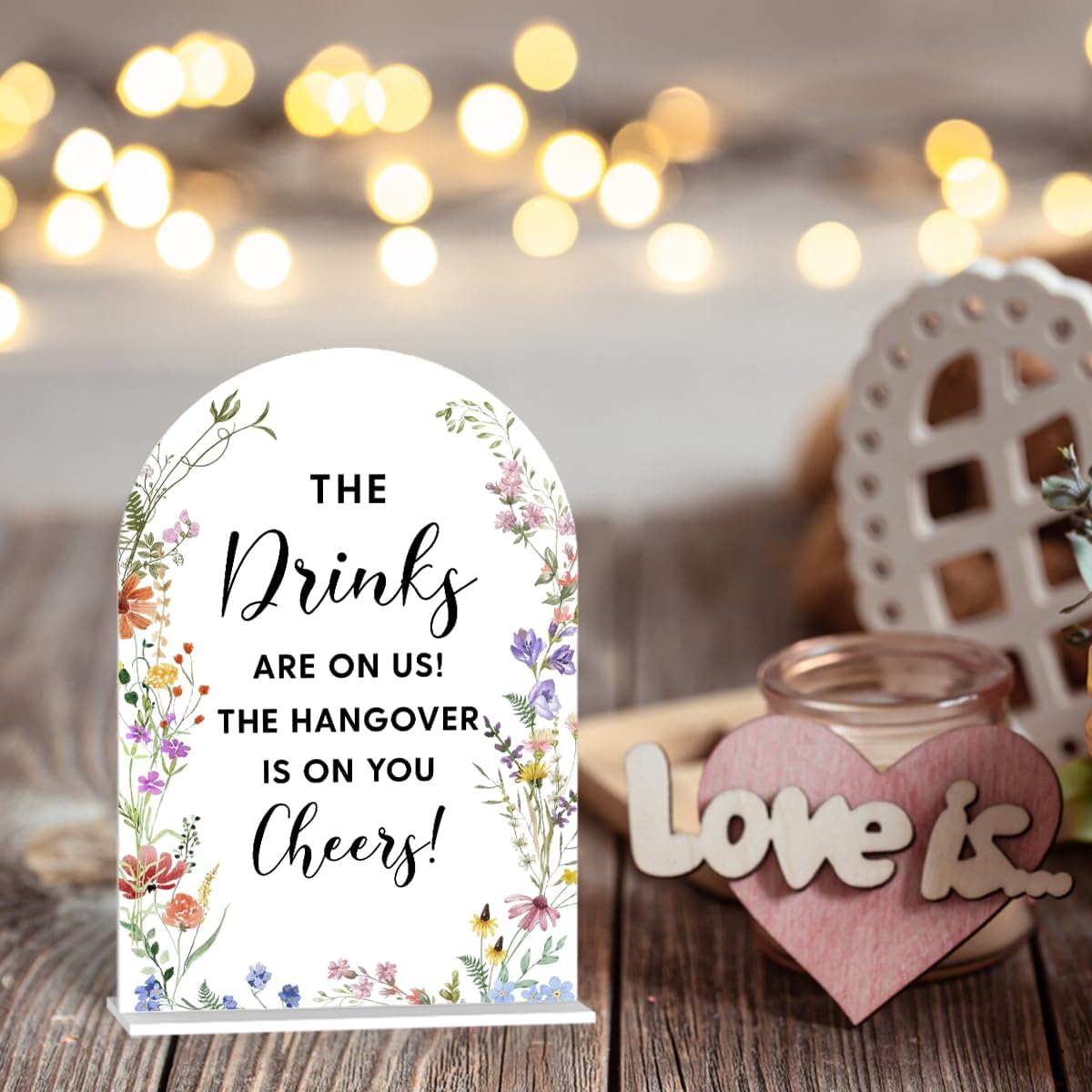 Acrylic Wedding Signs, The Drinks Signs for Marriage Reception, Bridal Shower Decorations, Modern Arched Round Top Acrylic Table Top Sign with Holder for Wedding Party Dinner (White Wildflowers)