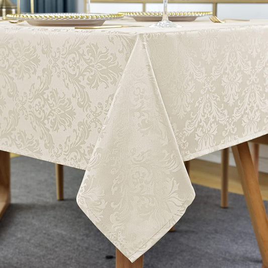SASTYBALE Jacquard Tablecloth Rectangle 60 x 120 Inch Beige, Spill Proof Stain Resistant Damask Table Cloth, Washable Polyester Table Cover for Dining, Party, Indoor, Outdoor (Off White, Oblong)