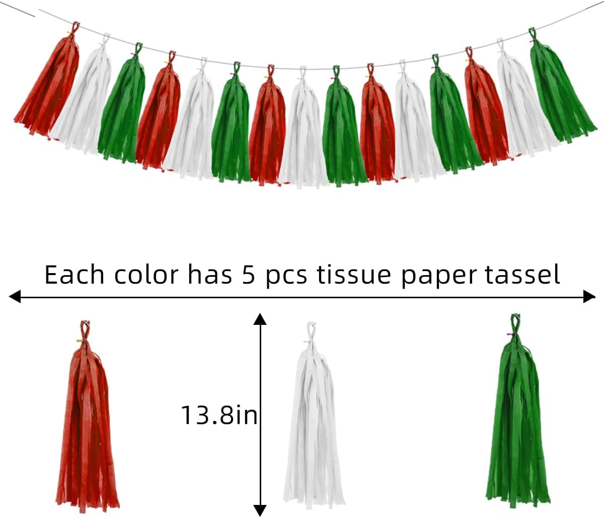 Red White Green Christmas Decorations - 15pcs Tissue Paper Tassel Garland Birthday Christmas Party Decorations for Home Indoor Outdoor Hanging Decor HongTongTong