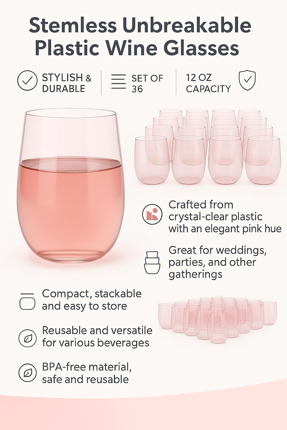 Oojami 36 piece Stemless Unbreakable Crystal Clear Plastic Wine Glasses Set of 36 (12 Ounces - Pink)