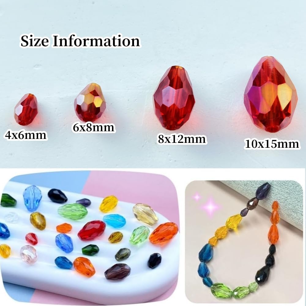 200pcs 4x6mm Teardrop Crystal Glass Beads Vertical Hole Faceted Glass Teardrop Spacer Beads for Bracelets Necklace Earring DIY Jewelry Making Craft(Red AB)