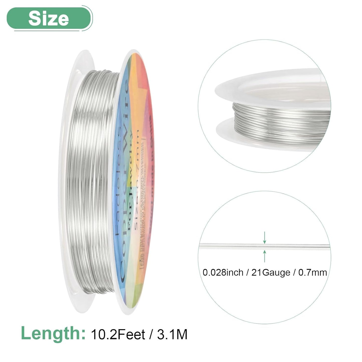 0.7 mm/21 Gauge Copper Wire for Jewelry Making, 10.2FT Copper Beading Craft Wire for Jewelry/Weaving/DIY Crafting/Planting, Color-Retaining [3.1M, Bright Silver]