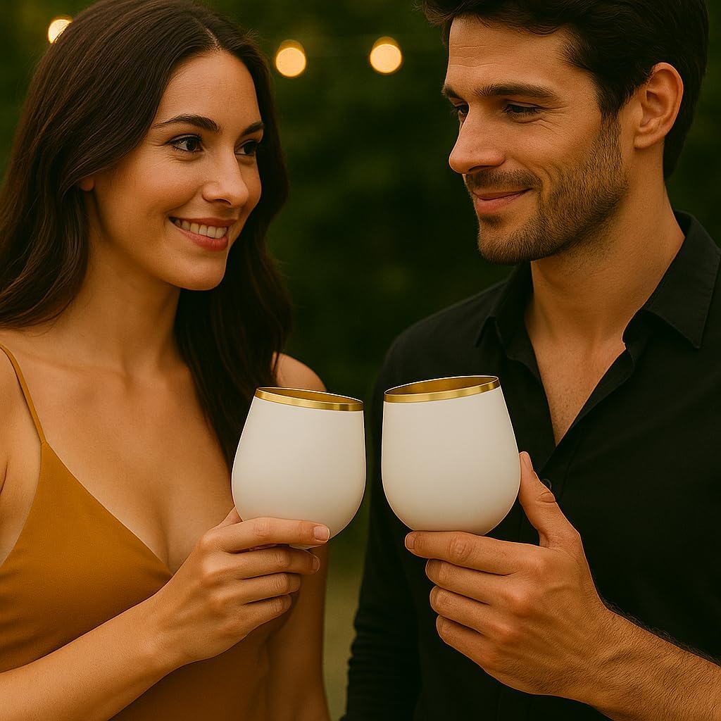 40 count Unbreakable Stemless Plastic Wine Champagne Whiskey Glasses Elegant Durable Disposable Indoor Outdoor Ideal for Home, Office, Bars, Wedding, 12 Ounce Cups Gold Rim (White Matte Gold)