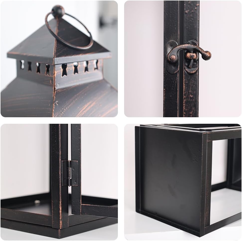 NEEDOMO LED Lanterns Decorative Outdoor&Indoor, Set of 2 Large Bronze Metal Lantern Decor with LED Candle, Lantern Decor for Porch, Patio, Garden, Balcony, Wedding, Spring Decorations (NO Glass)