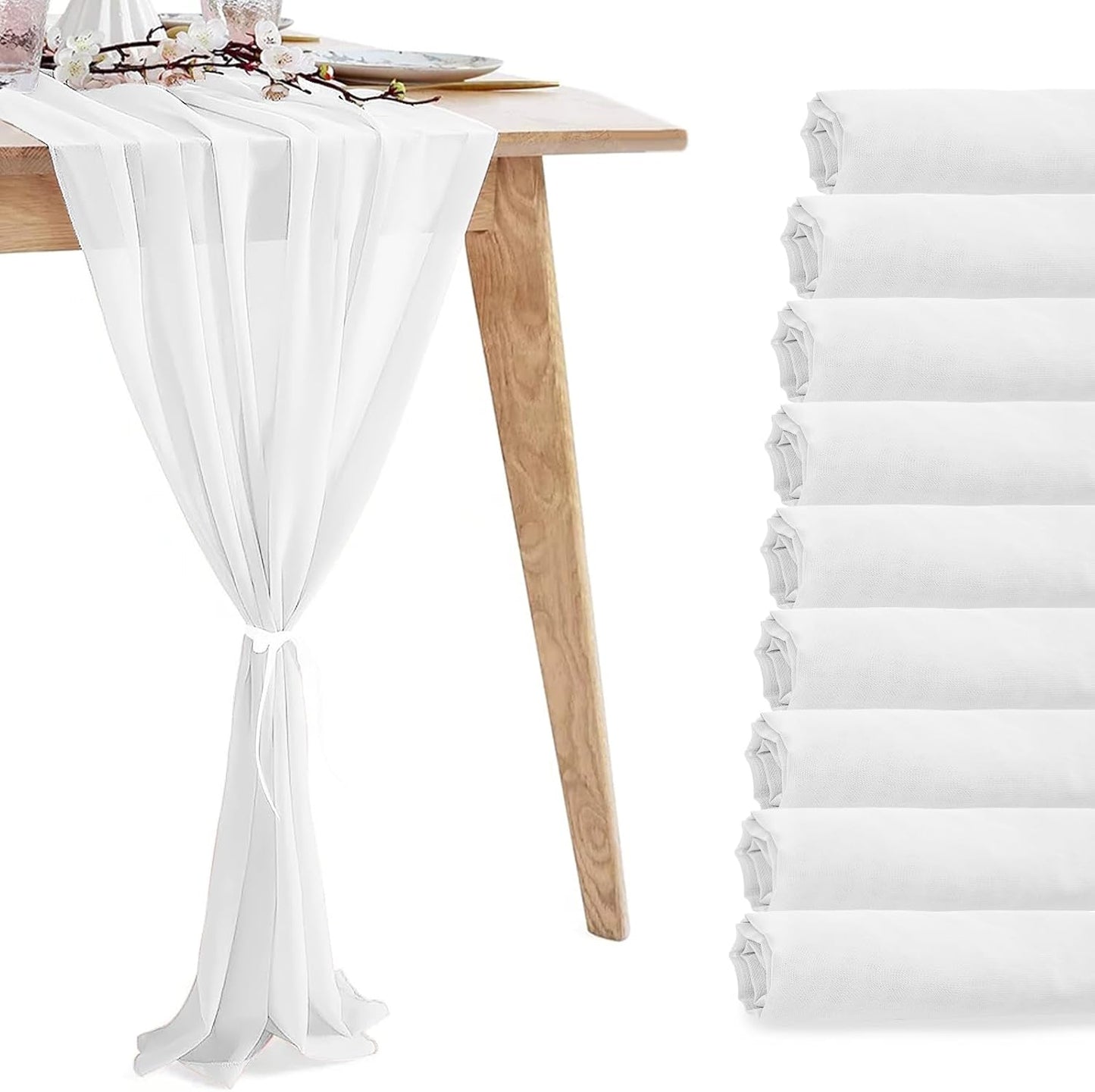 10 Pack 10ft Pure White Chiffon Table Runners Wedding Table Runner Sheer Romantic Tulle Table Runner for Christmas Wedding Bridal Tea Party Baby Shower Birthday Party Table Decorations(120 x 12 in)