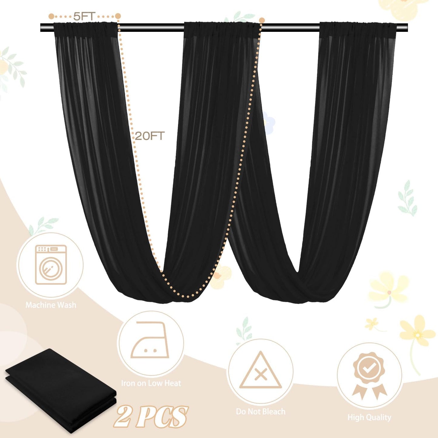 FUHSY Ceiling Drapes Black Wedding Arch Draping Fabric 5FTx20FT Chiffon Curtains 2 Panels Tent Drapes for Events Sheer Backdrop Drapes Wedding Arches for Ceremony Canopy Ceiling Curtains Tulle Drapery
