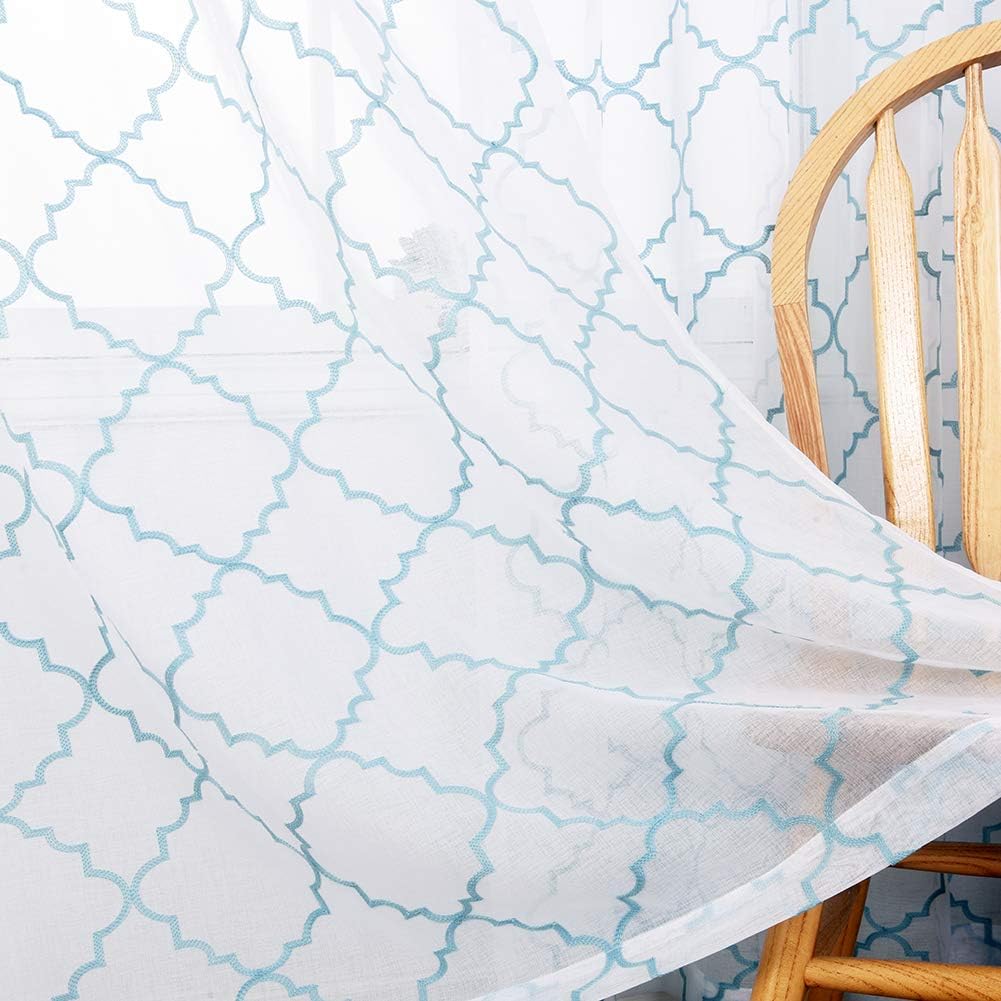 Embroidery Sheer Curtains Blue 95 Inches Long, Window Treatments Rod Pocket Drapes for Living room, Bedroom, Moroccan Design Crinkle Voile Curtain Panels for Yard, Villa, Parlor, Set of 2, 52"x 95".