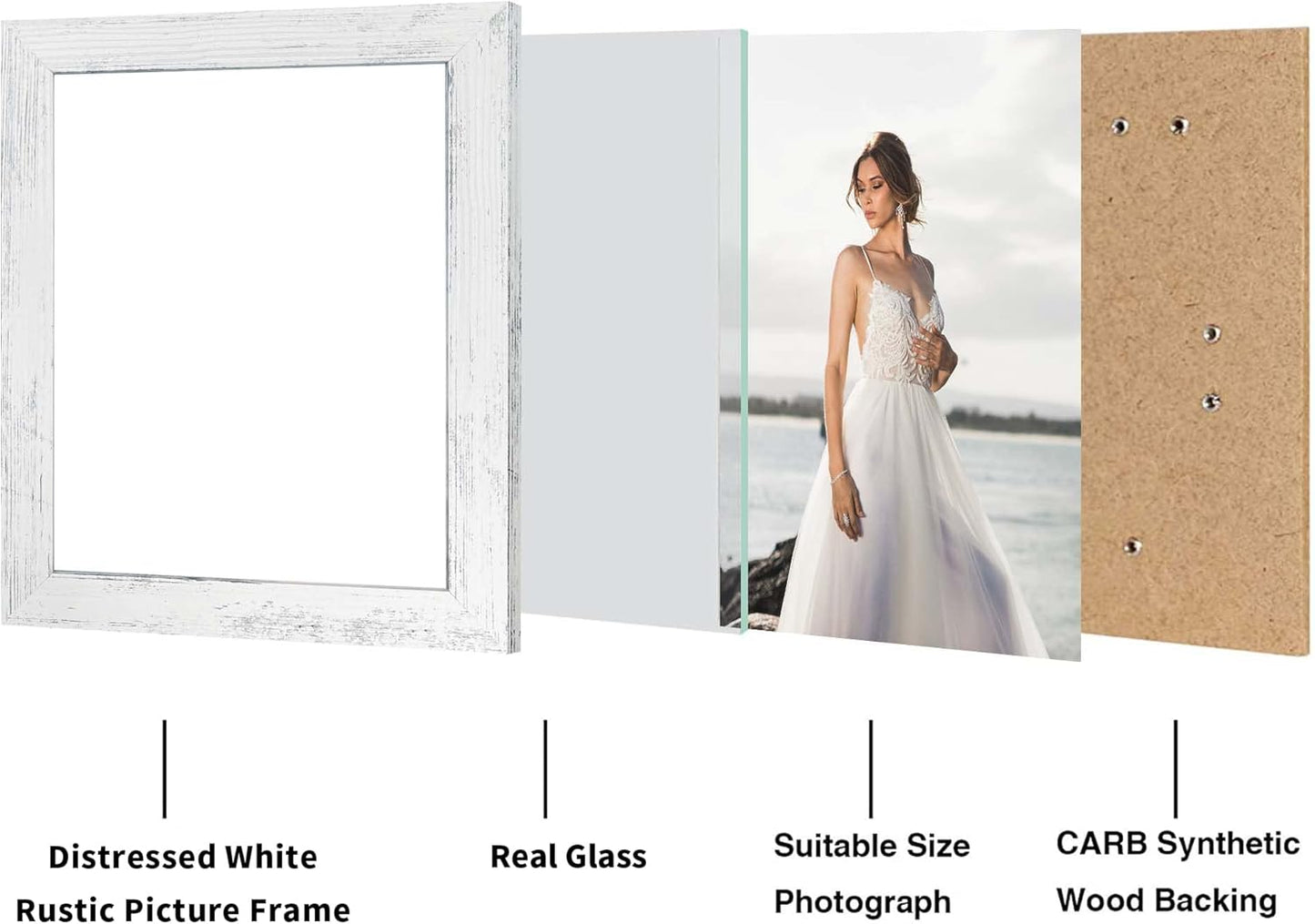 8x10 Picture Frame Set of 4, High Definition Glass Distressed White Frame, 8 x 10 Wood Photo Frames for Tabletop Display and Wall Mounting