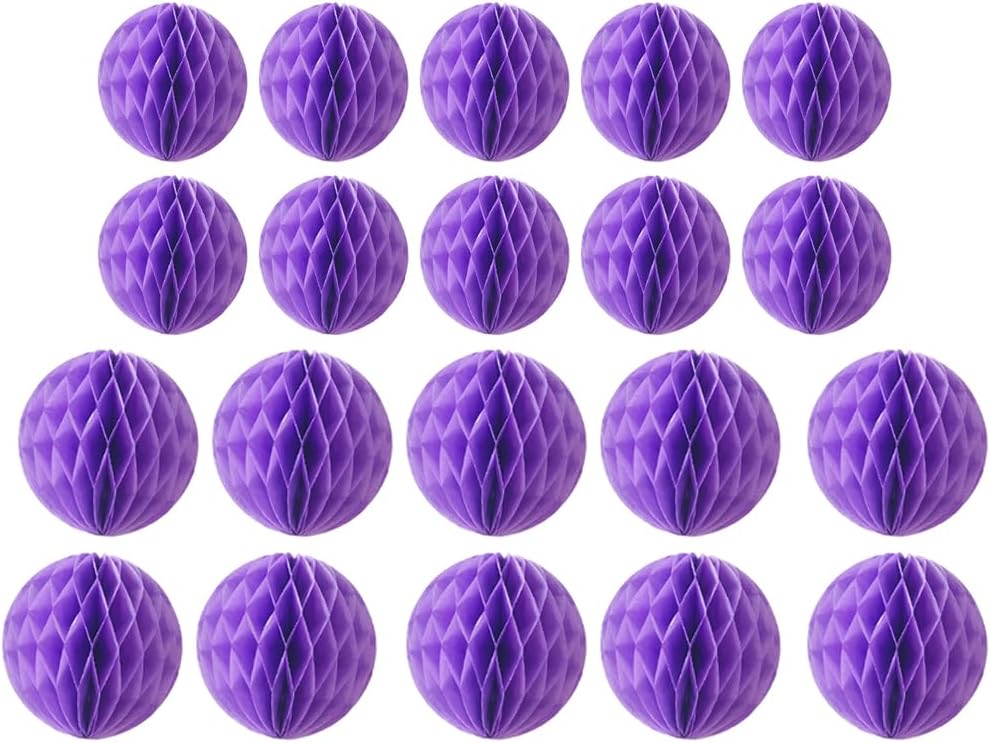 20pcs Honeycomb Balls - Party Decor in Purple (3inch & 6inch, Tissue & Paper Flowers)
