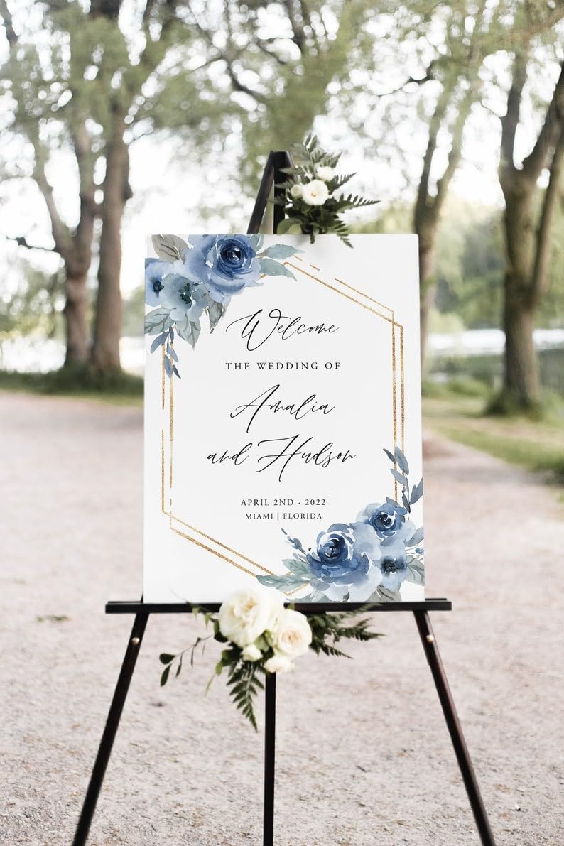 Dusty Blue Wedding Sign, Welcome with Floral, 12''W x 18''L, Plastic