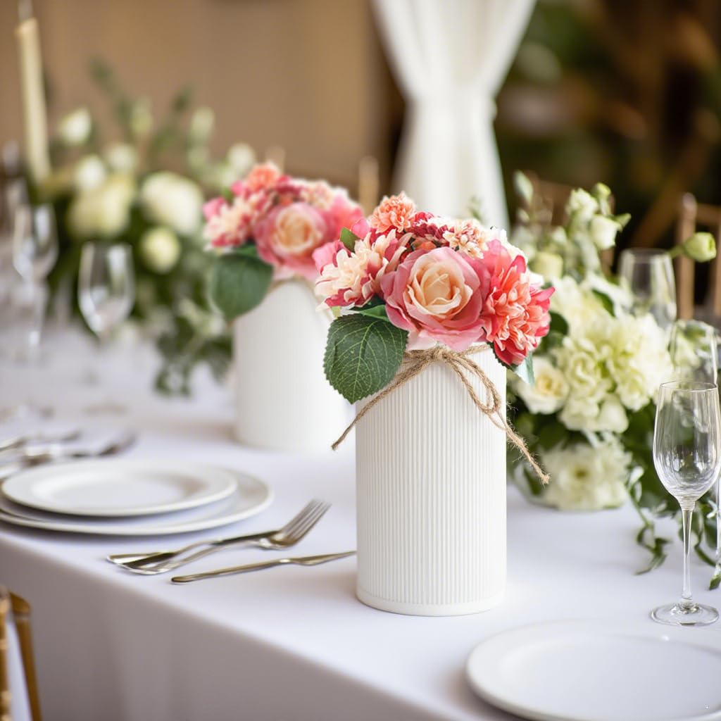 6" High Farmhouse Vases for Centerpiece, Rustic Mason Jars with Twine Bow for Flowers, Vintage Galvanized Metal Vase Tin Bucket for Wedding Home Decor (White, 6Pcs)